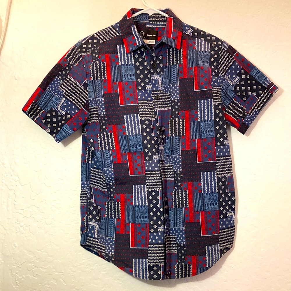 Blue and Red Patchwork Button-Up Shirt (Original Use)